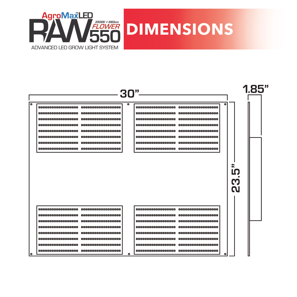 Agromax Raw 550 Flower Led Grow Light Dimnesion Chart